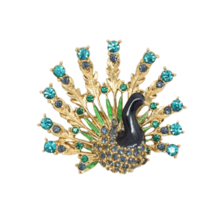 1960s Vintage Signed Sphinx Peacock Enamel & Crystal Brooch
