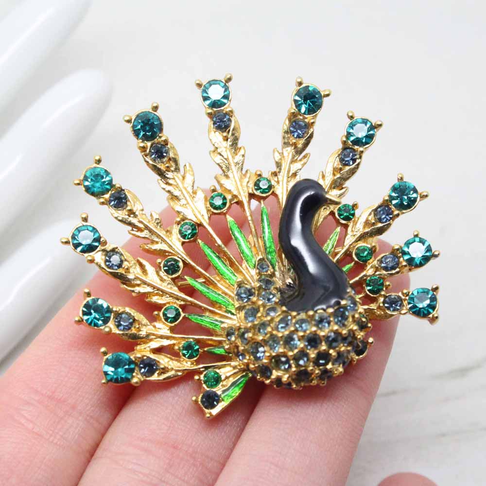 1960s Vintage Signed Sphinx Peacock Enamel & Crystal Brooch