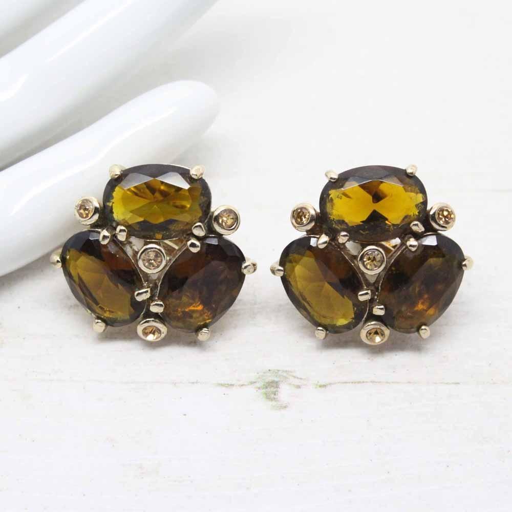 Vintage Signed Monet Topaz Glass Cluster Earrings