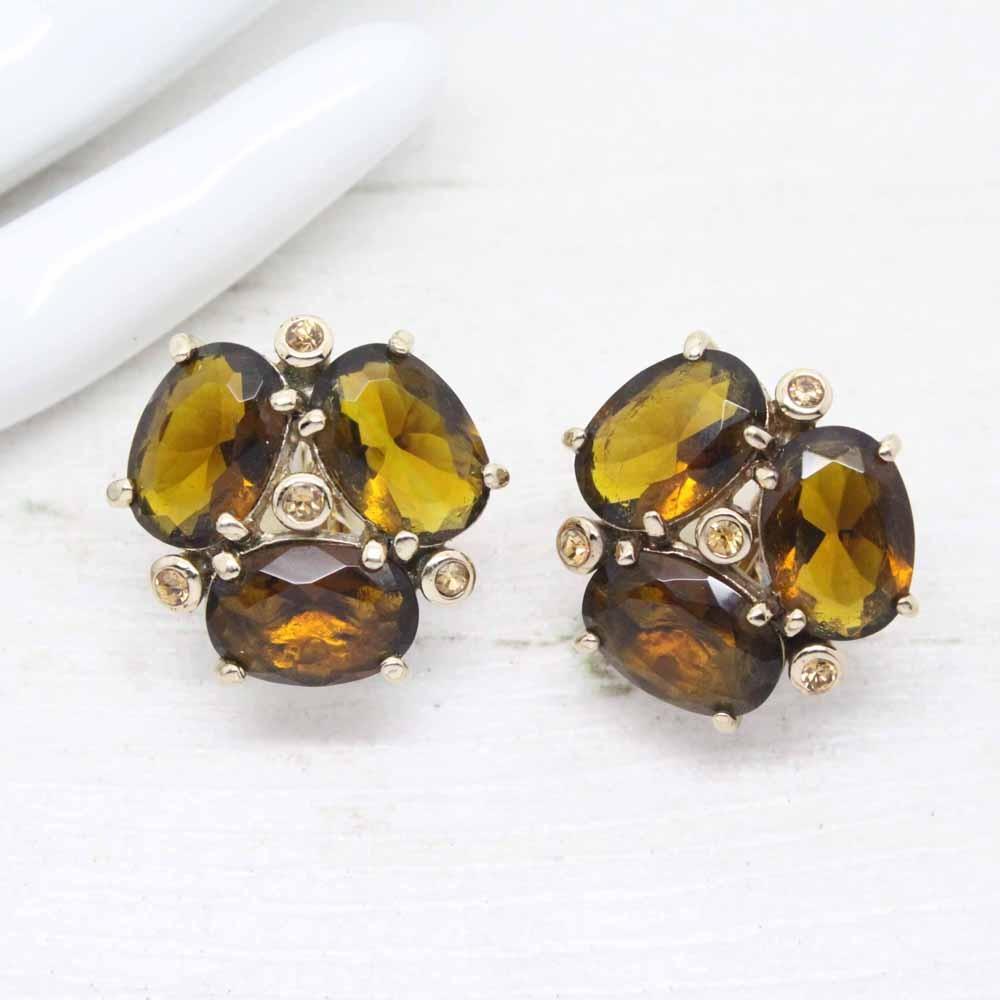 Vintage Signed Monet Topaz Glass Cluster Earrings
