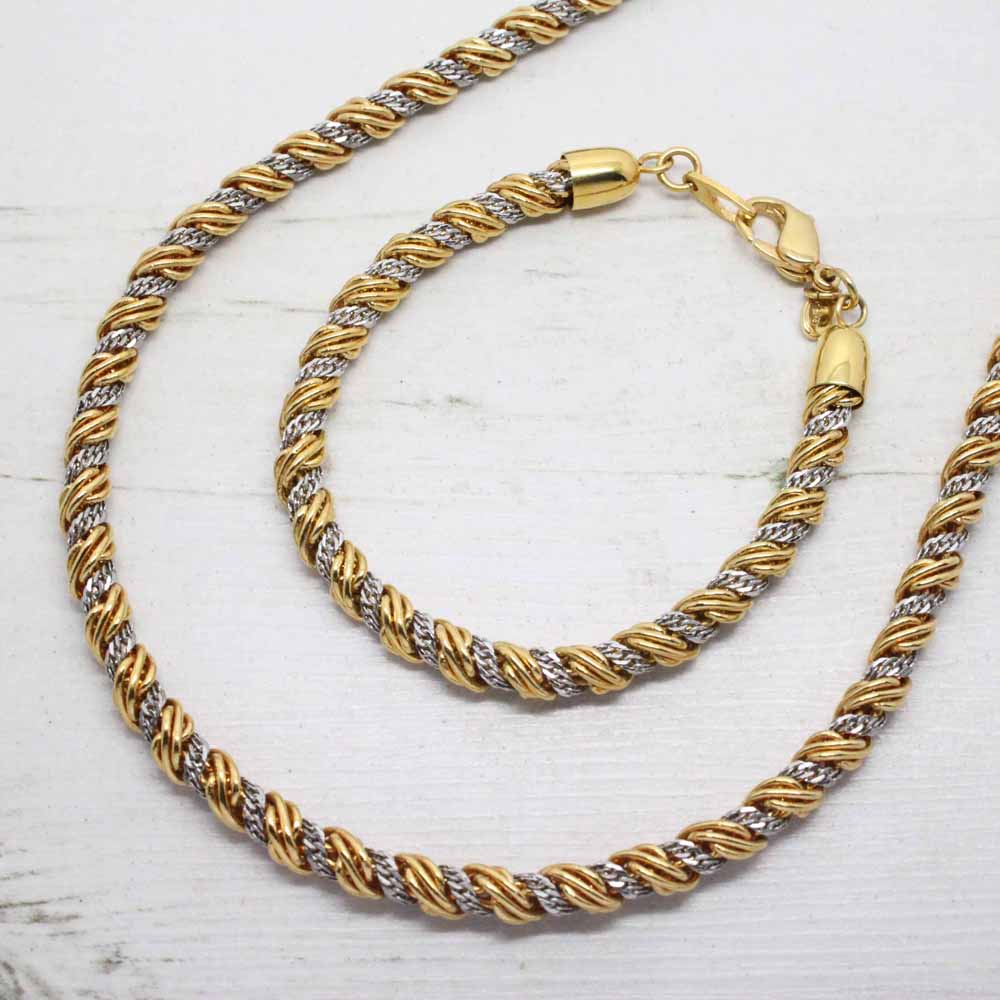 Vintage Monet Gold and Silver Duotone Rope Necklace and Bracelet Jewellery Set