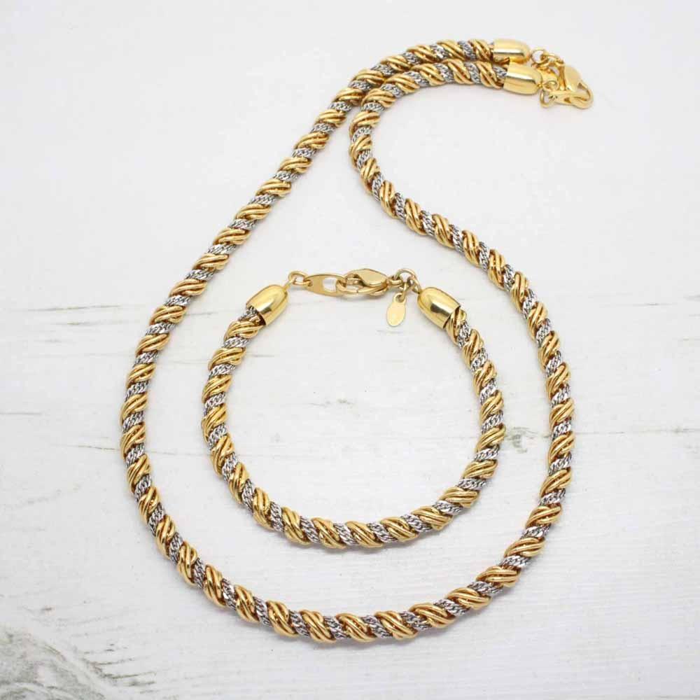 Vintage Monet Gold and Silver Duotone Rope Necklace and Bracelet Jewellery Set