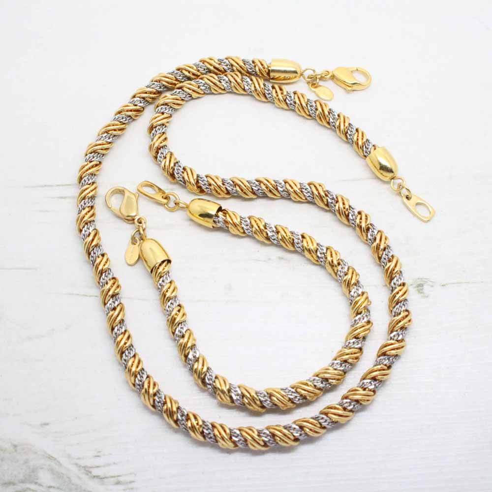 Vintage Monet Gold and Silver Duotone Rope Necklace and Bracelet Jewellery Set
