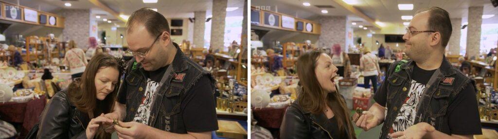 Alexandra and Simon guessing the mystery object with Natasha Raskin Sharp during filming of Bargain Hunt at Uttoxeter Antiques Fair