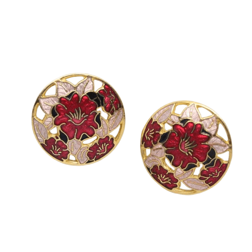 Vintage Cloisonne Enamel Floral Round Stud Earrings