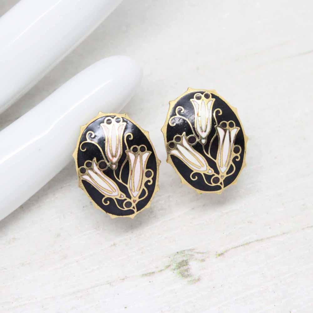 Vintage Cloisonne Enamel Stylized Snowdrop Stud Earrings