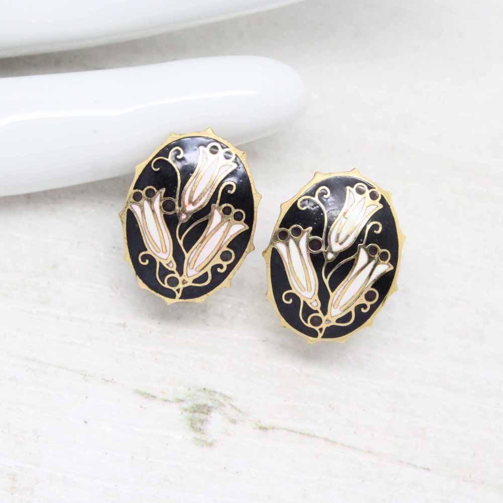 Vintage Cloisonne Enamel Stylized Snowdrop Stud Earrings
