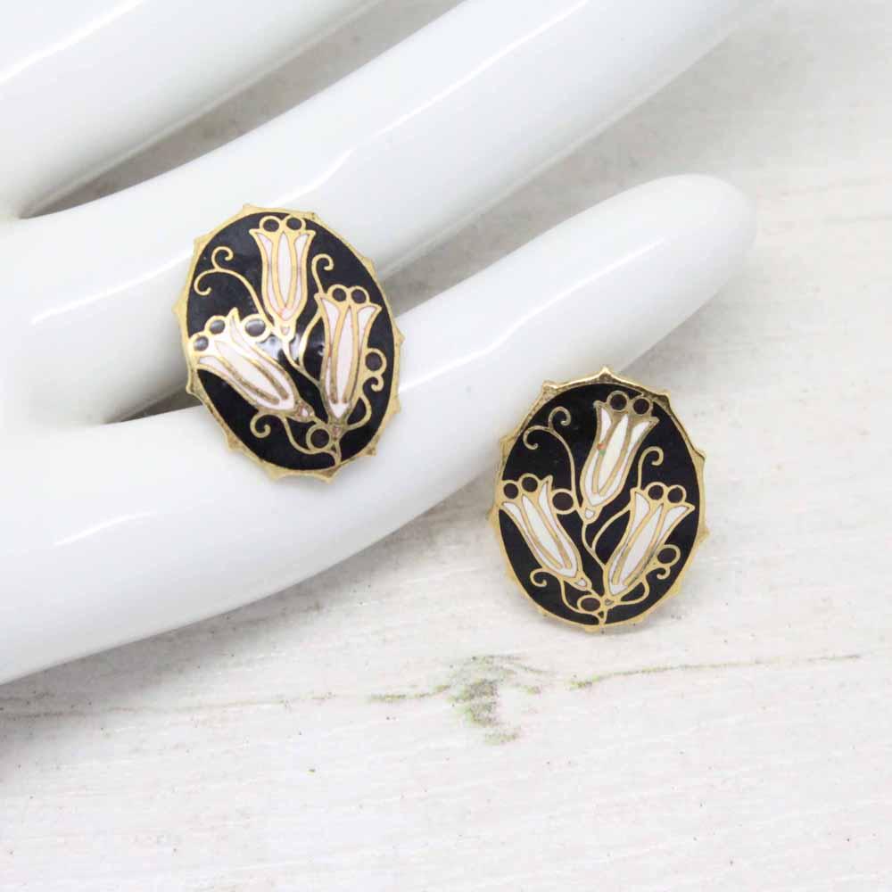 Vintage Cloisonne Enamel Stylized Snowdrop Stud Earrings