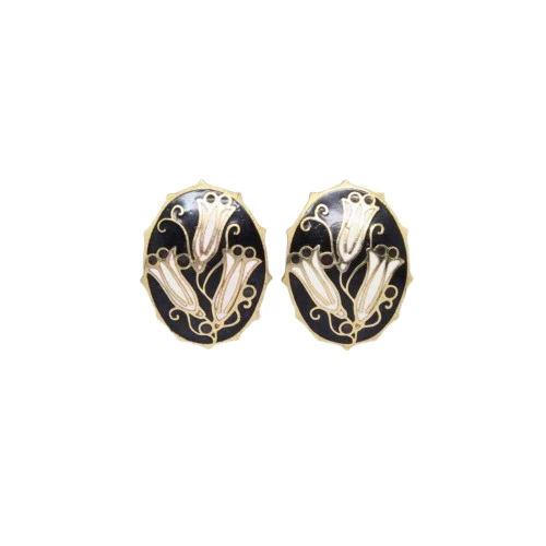 Vintage Cloisonne Enamel Stylized Snowdrop Stud Earrings