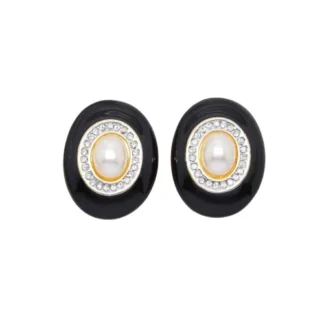 Vintage 'Cabouchon' Black Enamel Swarovski Crystal & Pearl Clip On Earrings