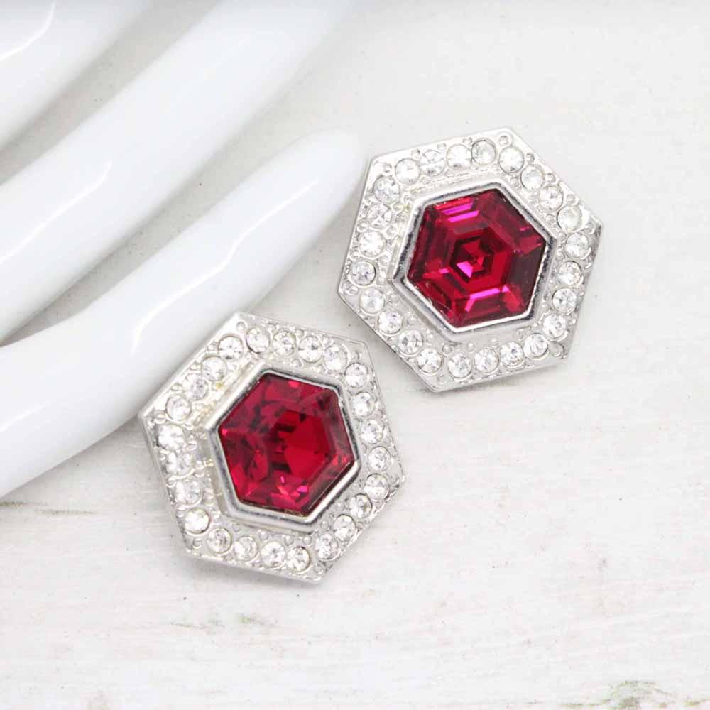 Vintage Identité Swarovski Crystal Geometric Statement Clip On Earrings - Magenta Red