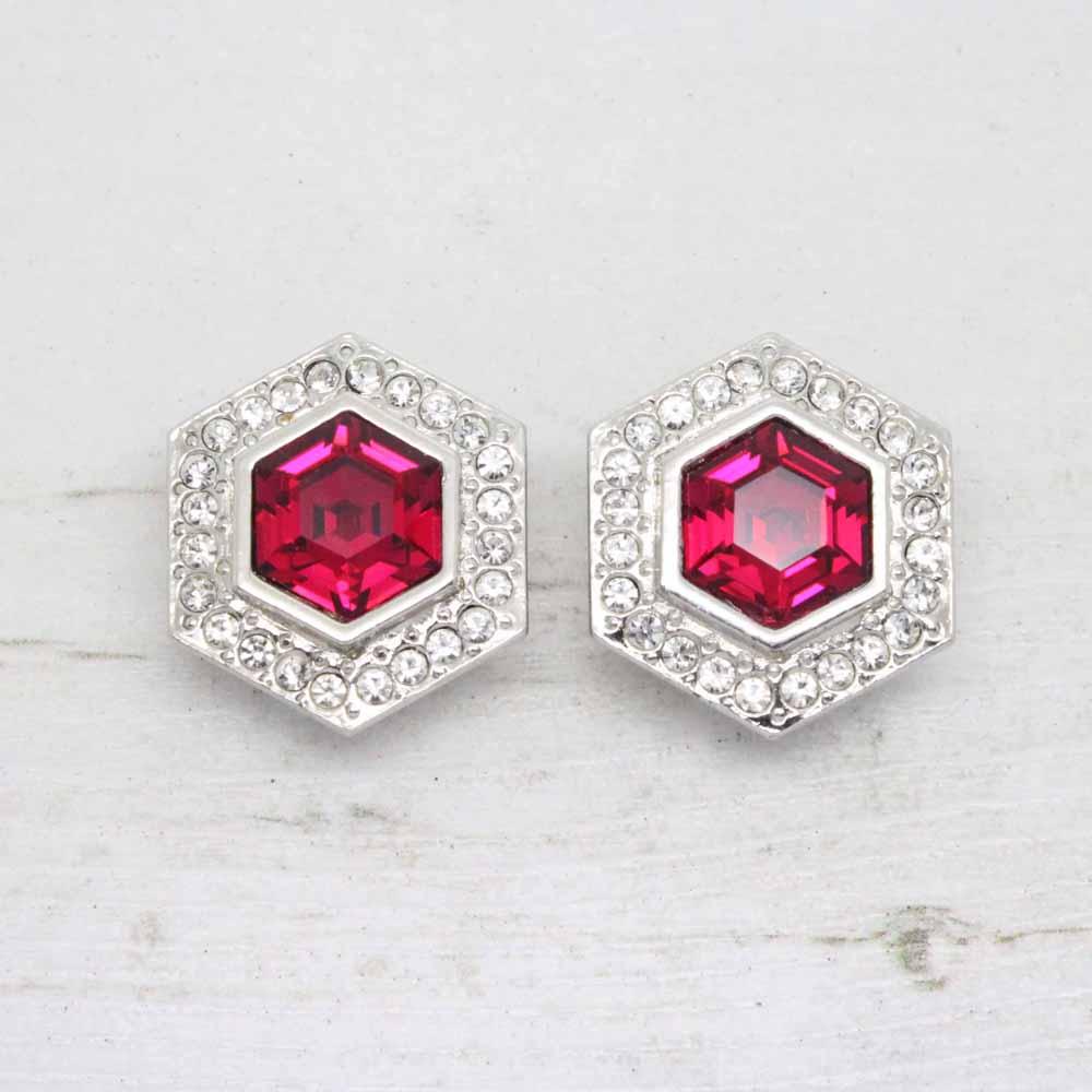 Vintage Identité Swarovski Crystal Geometric Statement Clip On Earrings - Magenta Red
