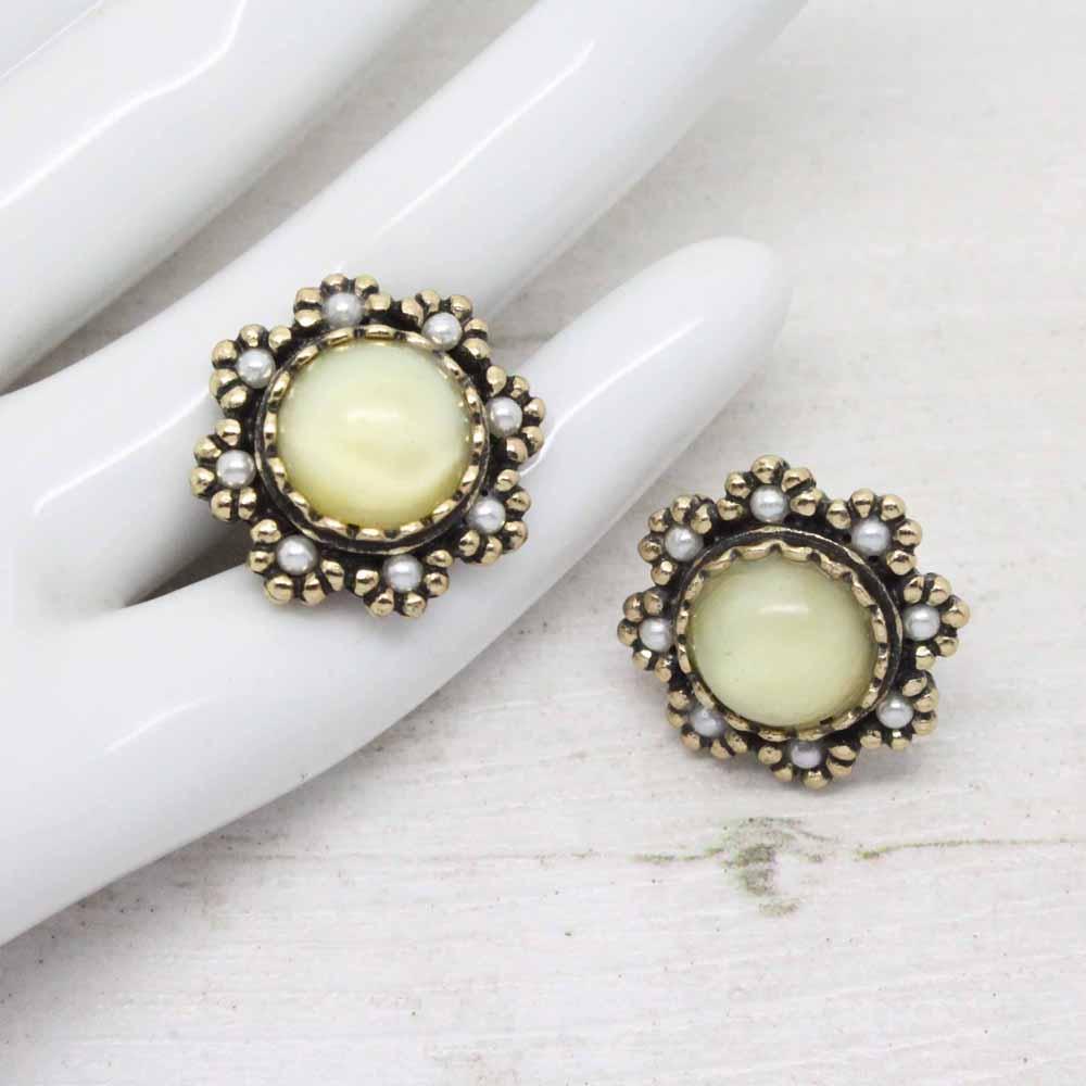 Vintage Miracle Faux Pearl Yellow Glass Stud Earrings