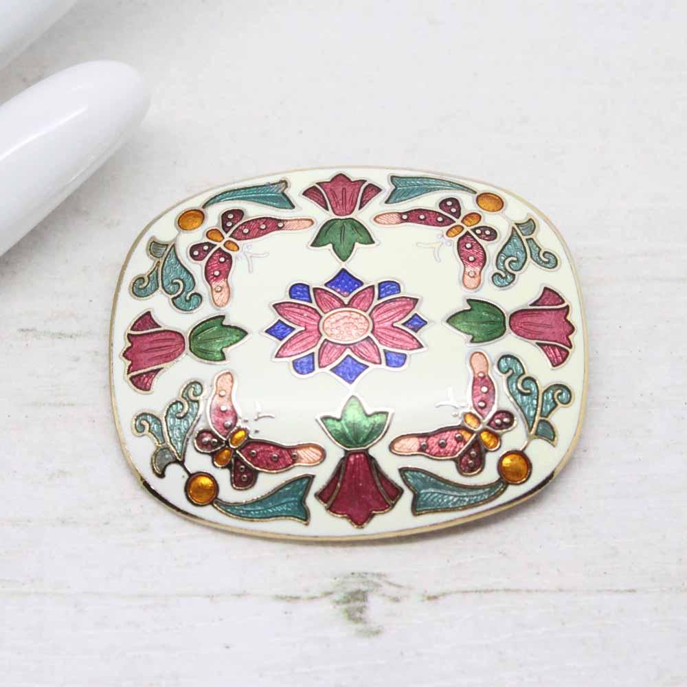 Vintage Signed Crown & Fish Cloisonne Enamel Floral Shield Brooch