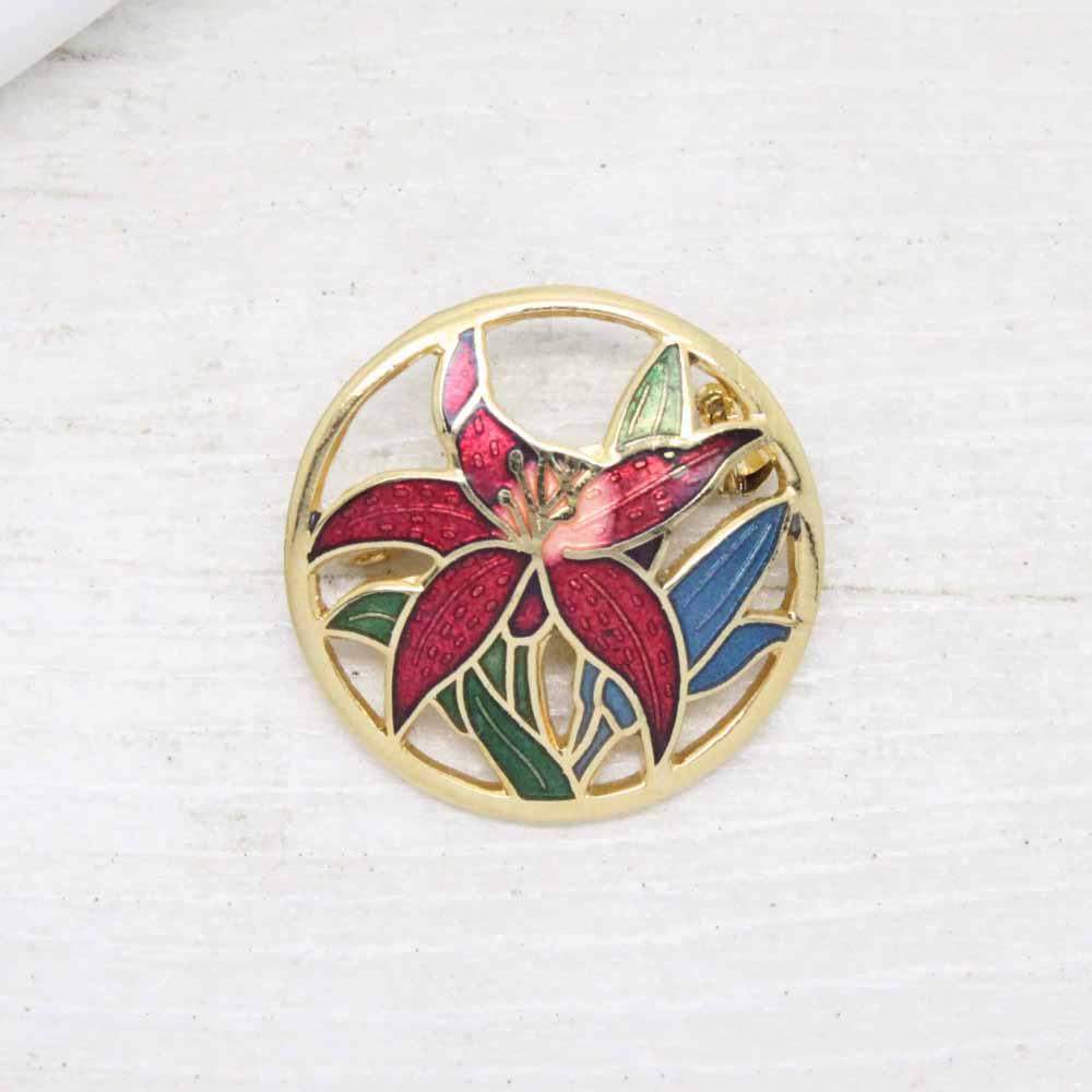 Vintage Cloisonne Enamel Blue Flower and Red Tulip Brooch