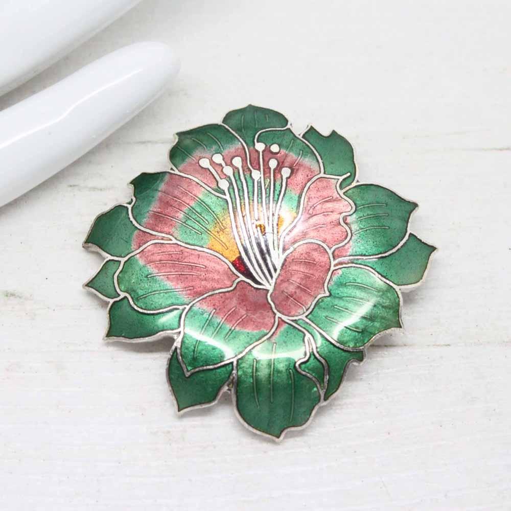 Vintage Cloisonne Enamel Hibiscus Blossom Flower Brooch
