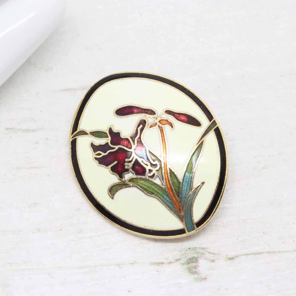 Vintage Cloisonne Enamel Tulip Lily Flower Shield Brooch