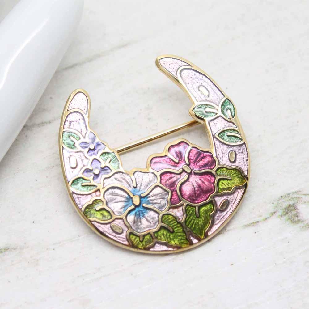 Vintage Cloisonne Enamel Floral Lucky Horseshoe Brooch