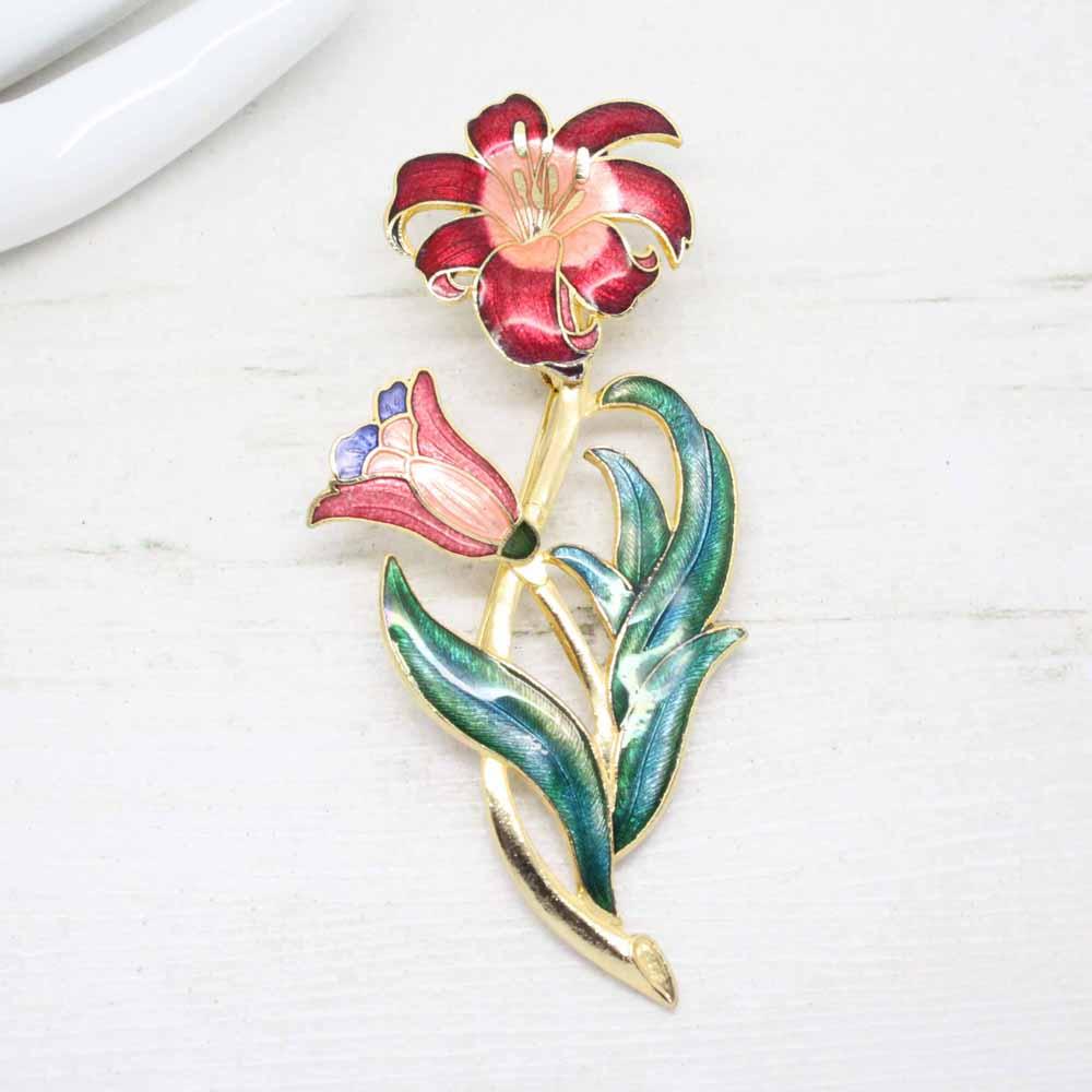 Vintage Cloisonne Enamel Art Nouveau Style Floral Brooch