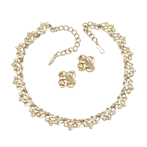 Vintage 1960s Faux Pearl & Rhinestone Gold Necklace & Earring Set