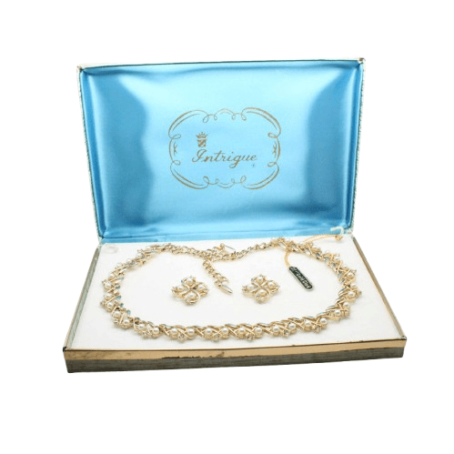 Vintage 1960s Faux Pearl & Rhinestone Gold Necklace & Earring Set