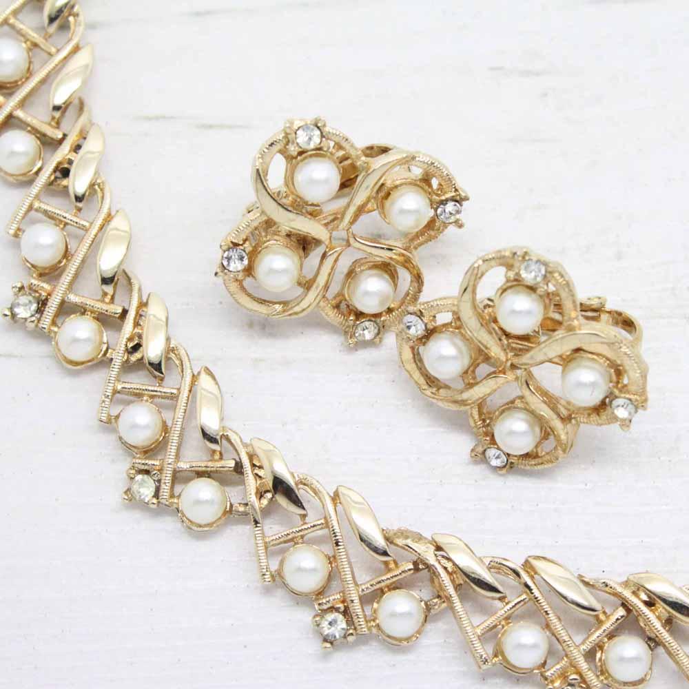 Vintage 1960s Faux Pearl & Rhinestone Gold Necklace & Earring Set