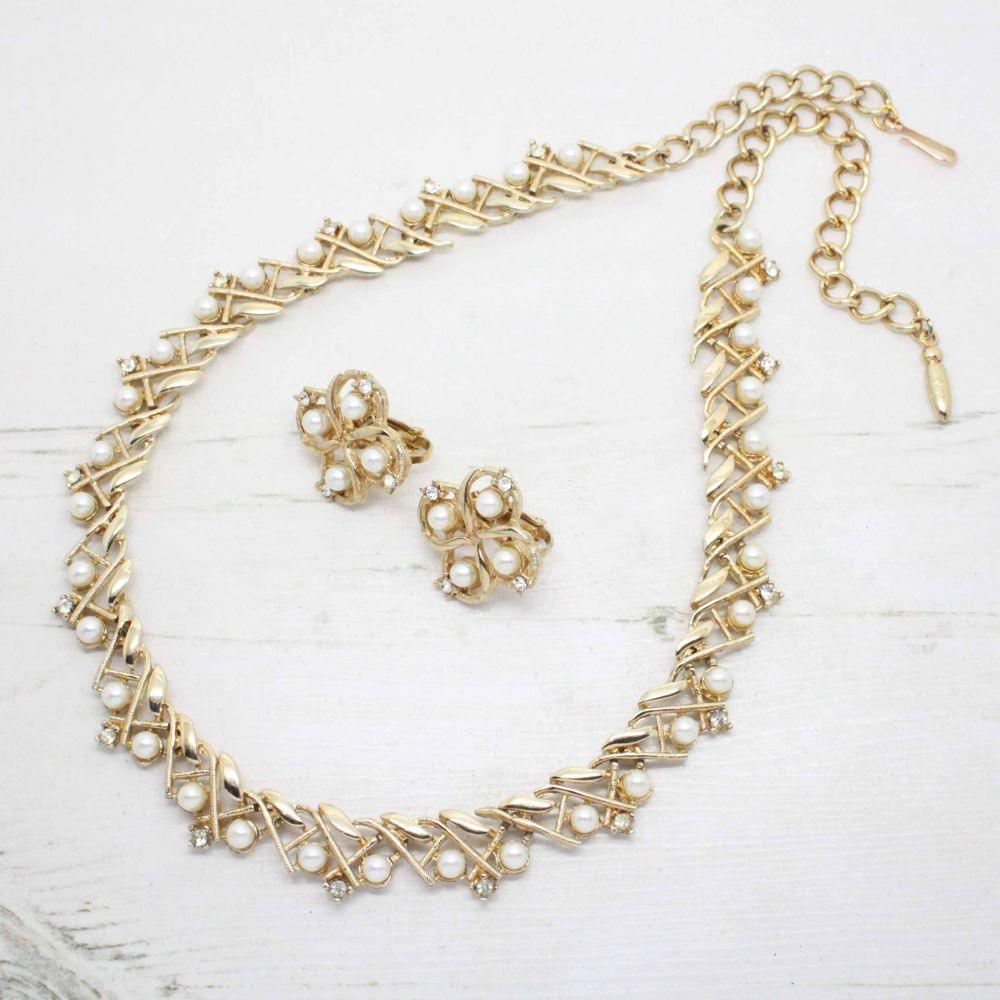 Vintage 1960s Faux Pearl & Rhinestone Gold Necklace & Earring Set