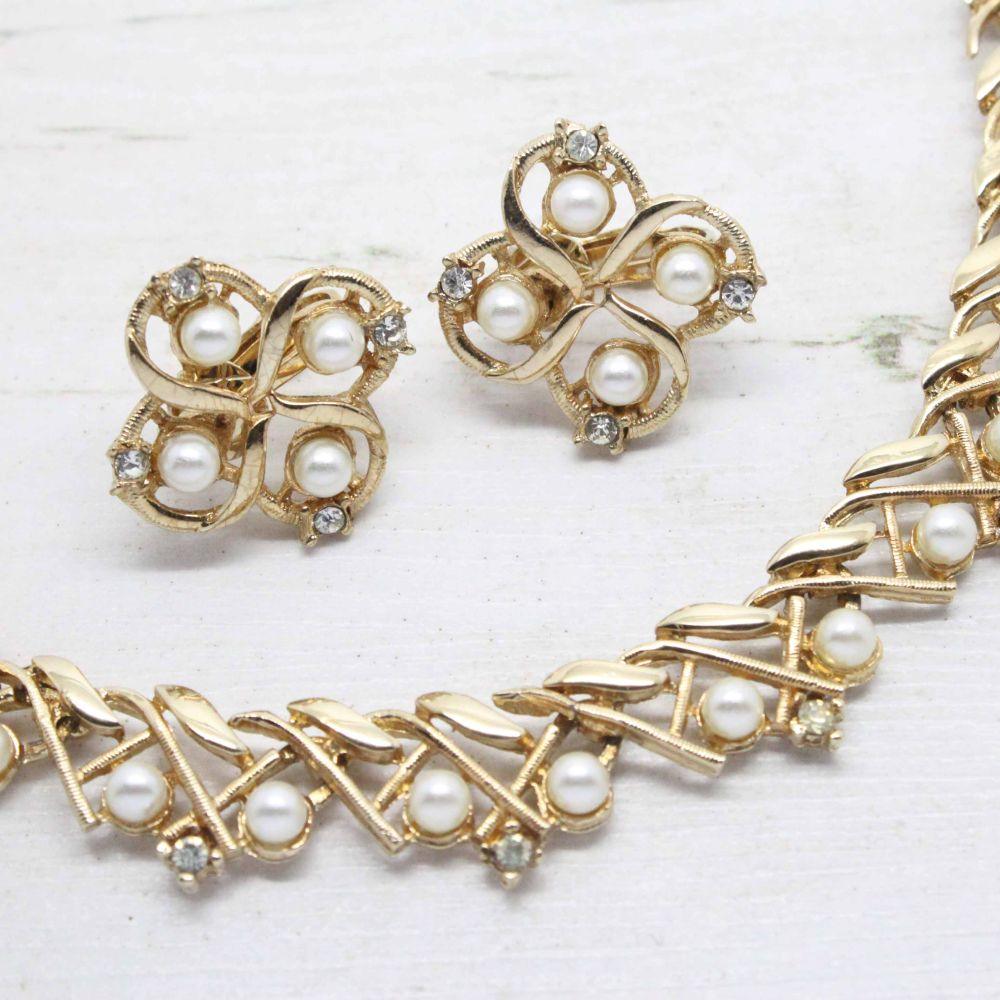 Vintage 1960s Faux Pearl & Rhinestone Gold Necklace & Earring Set