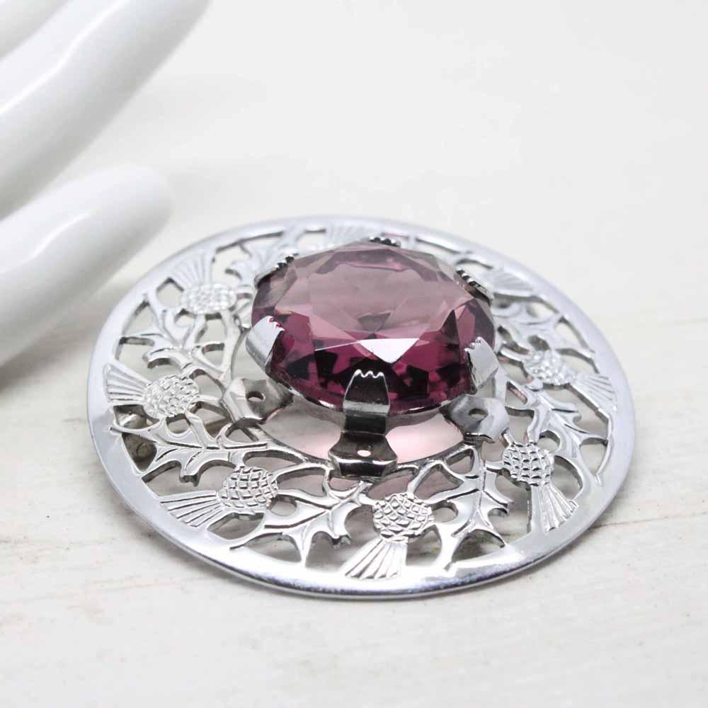 Vintage Mizpah Thistle Plaid Purple Stone Brooch