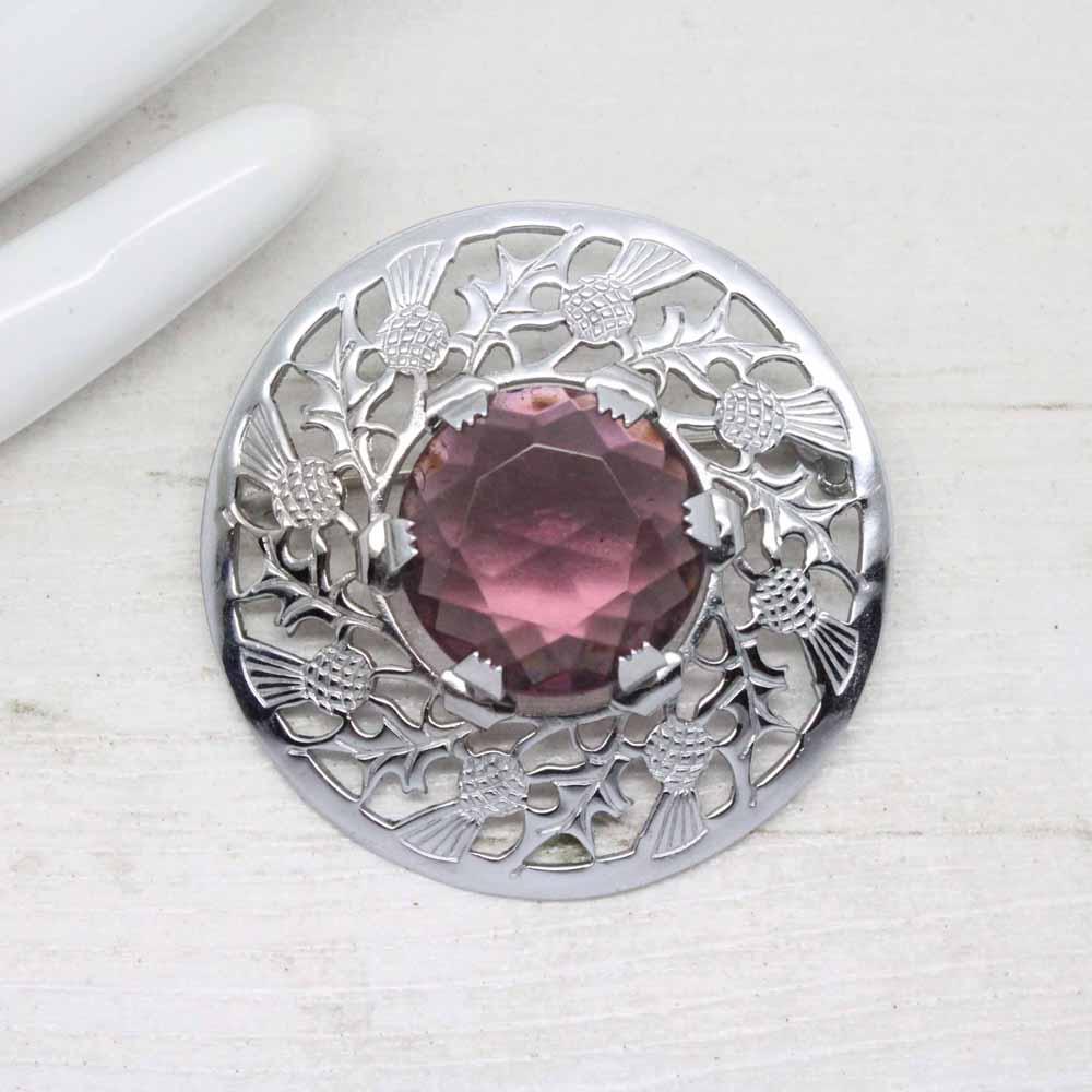 Vintage Mizpah Thistle Plaid Purple Stone Brooch