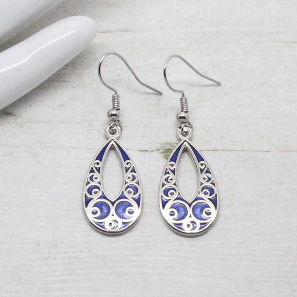 Sea Gems Circle Teardrop Cloisonne Enamel Earrings - Blue
