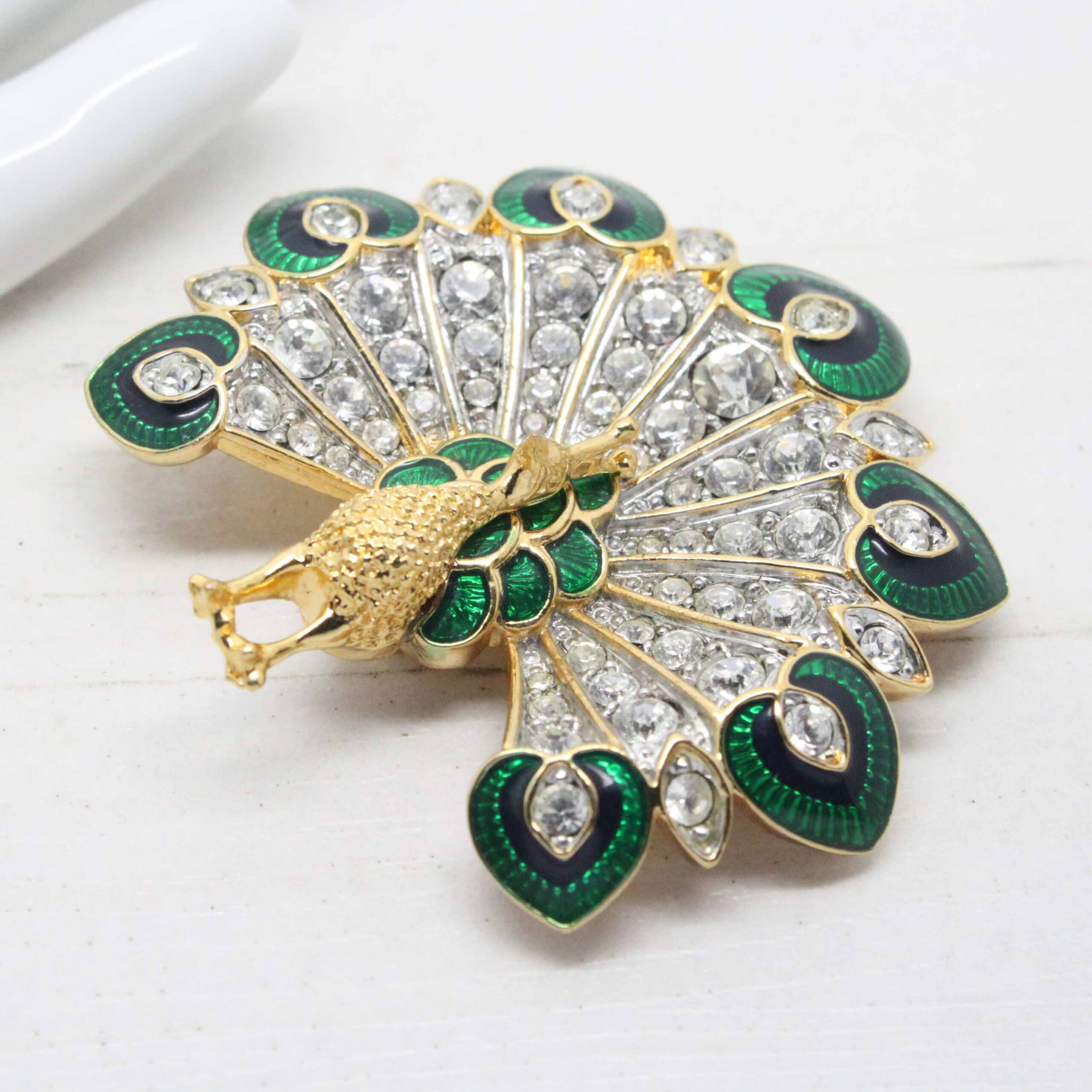 Vintage ‘Cabouchon’ Green Enamel & Swarovski Crystal Peacock Brooch - Image 4