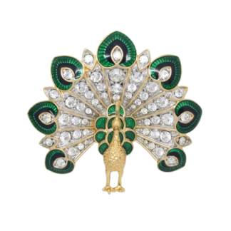 Vintage ‘Cabouchon’ Green Enamel & Swarovski Crystal Peacock Brooch