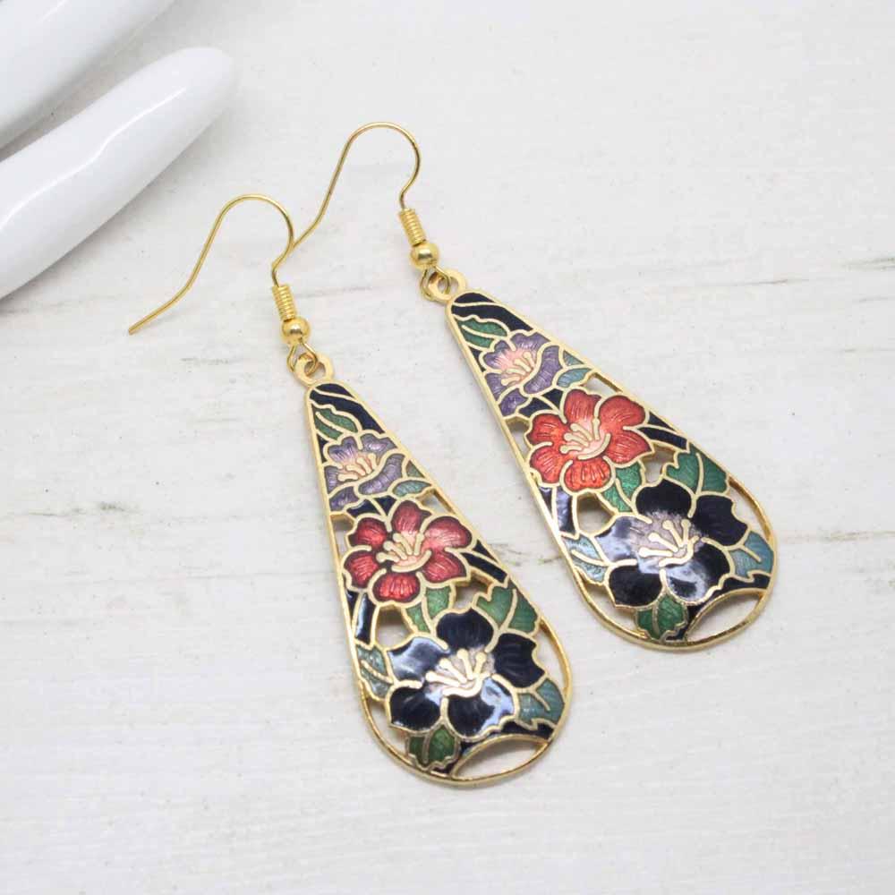 Vintage Cloisonne Enamel Floral Teardrop Dangle Earrings