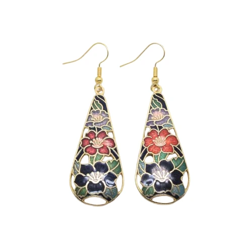 Vintage Cloisonne Enamel Floral Teardrop Dangle Earrings