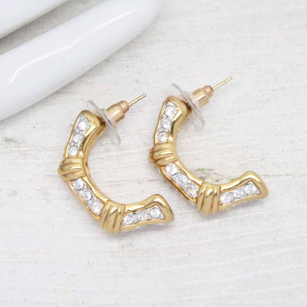 Vintage Swarovski Crystal Gold Bar Hoop Earrings