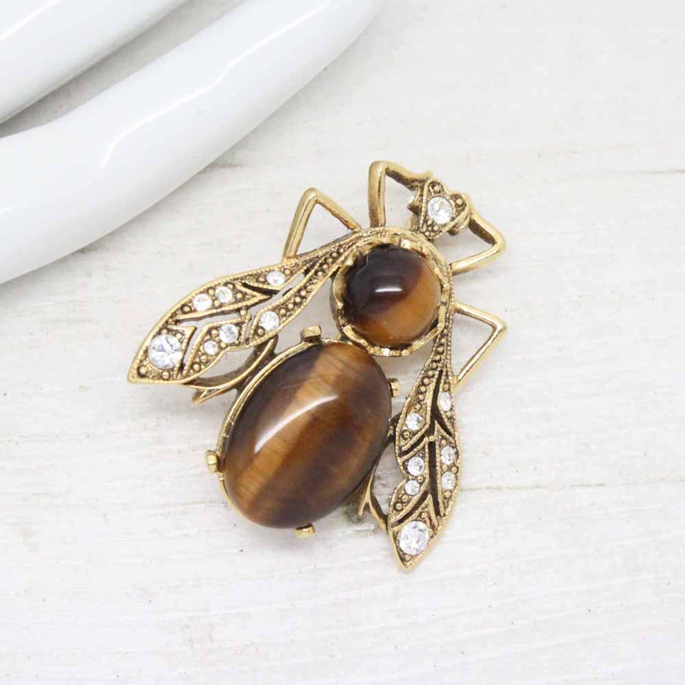 Semi Precious Stone Tigers Eye and Crystal Insect Bee Brooch