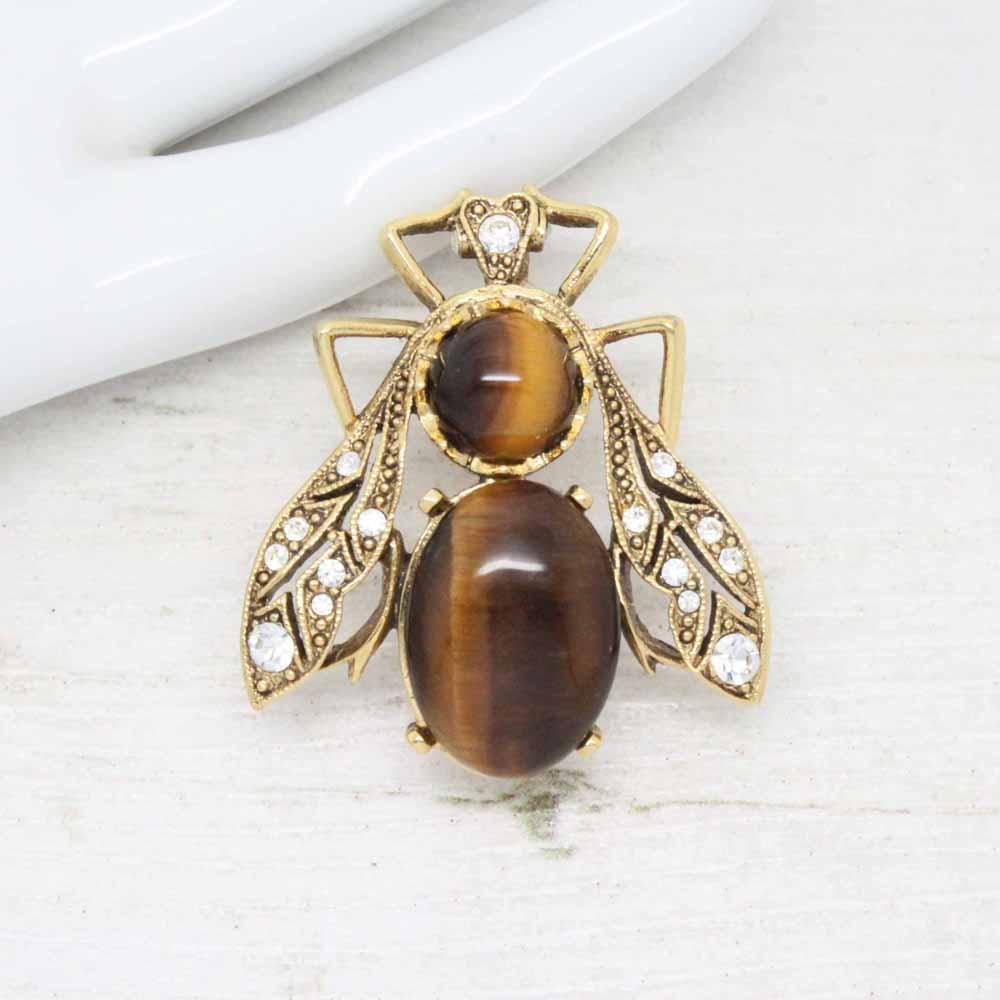 Semi Precious Stone Tigers Eye and Crystal Insect Bee Brooch