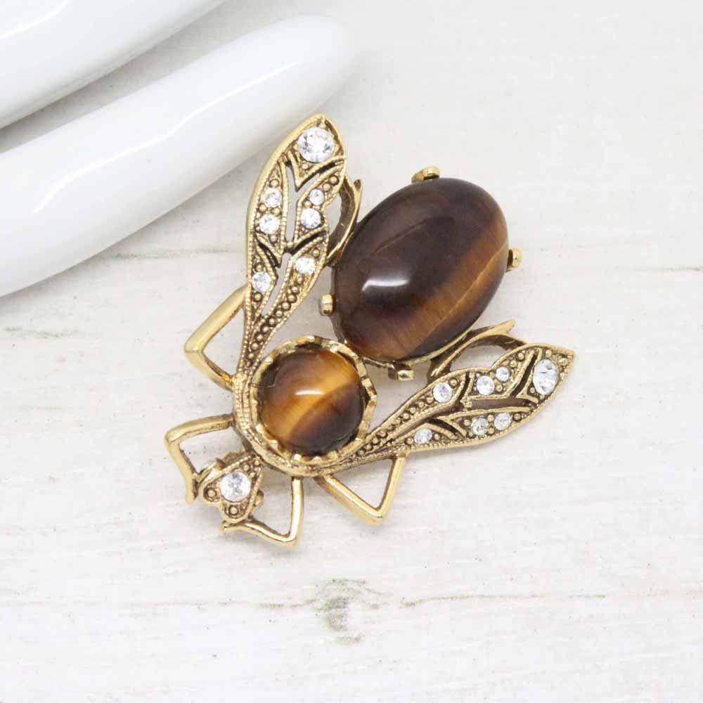 Semi Precious Stone Tigers Eye and Crystal Insect Bee Brooch