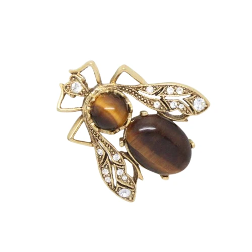 Semi Precious Stone Tigers Eye and Crystal Insect Bee Brooch