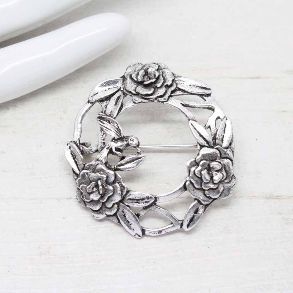 Vintage Silver Scenes MASJ Rose Garland Wreath Pewter Brooch