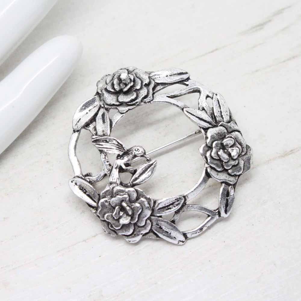 Vintage Silver Scenes MASJ Rose Garland Wreath Pewter Brooch