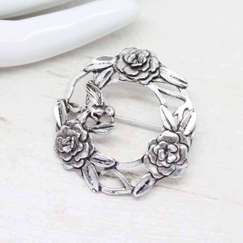 Vintage Silver Scenes MASJ Rose Garland Wreath Pewter Brooch