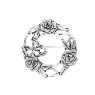 Vintage Silver Scenes MASJ Rose Garland Wreath Pewter Brooch