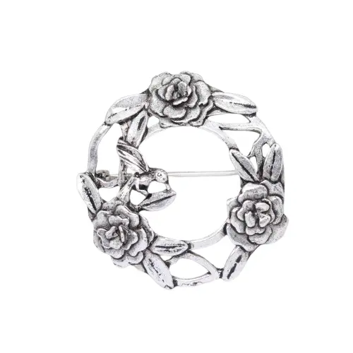 Vintage Silver Scenes MASJ Rose Garland Wreath Pewter Brooch
