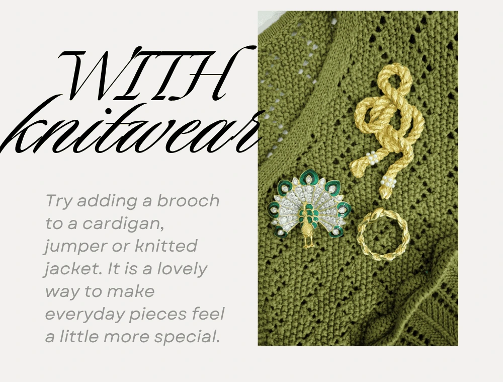 Queenies Bazaar: How to wear a brooch, a group of 3 vintage brooches on a green knit jumper.